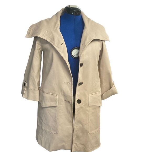 ANN TAYLOR Women’s Shawl Collar Button Up Coat Tan Size Medium Fully Lined - Picture 1 of 12